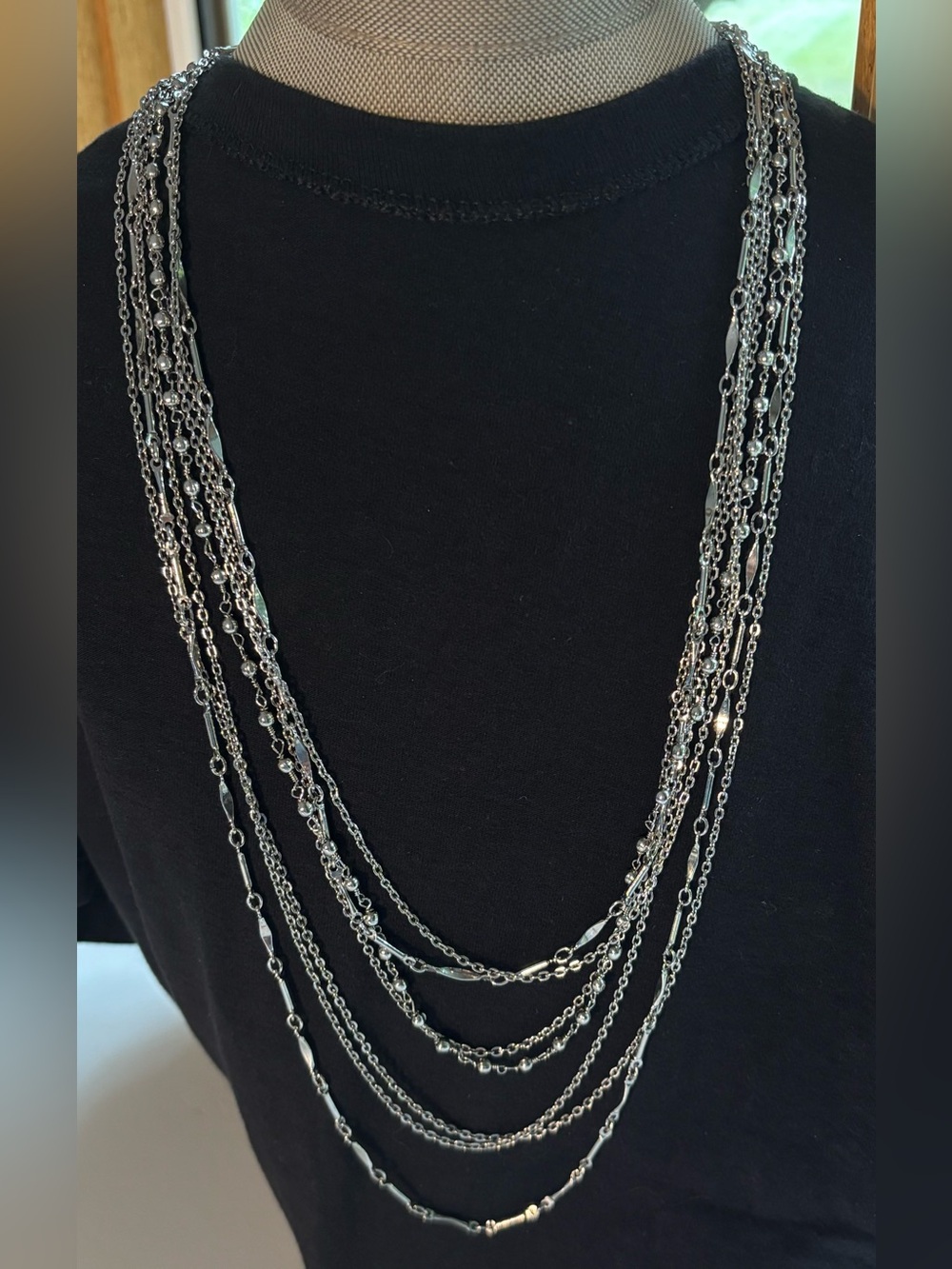 Vintage Silver Tone Multi Strand Waterfall Festoon Drape Bar Bead Chain Necklace